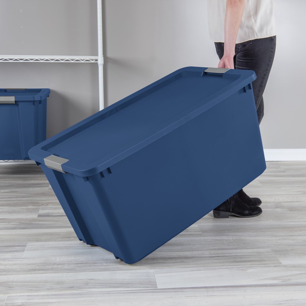 Sterilite 45-Gallon Heavy-Duty Storage Bin with Blue Latch Lid and Wheels for Extra Large Items