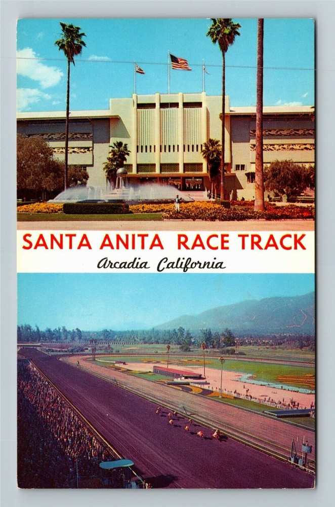 Vintage Postcard of Santa Anita Race Track and Classic Cars in Arcadia CA