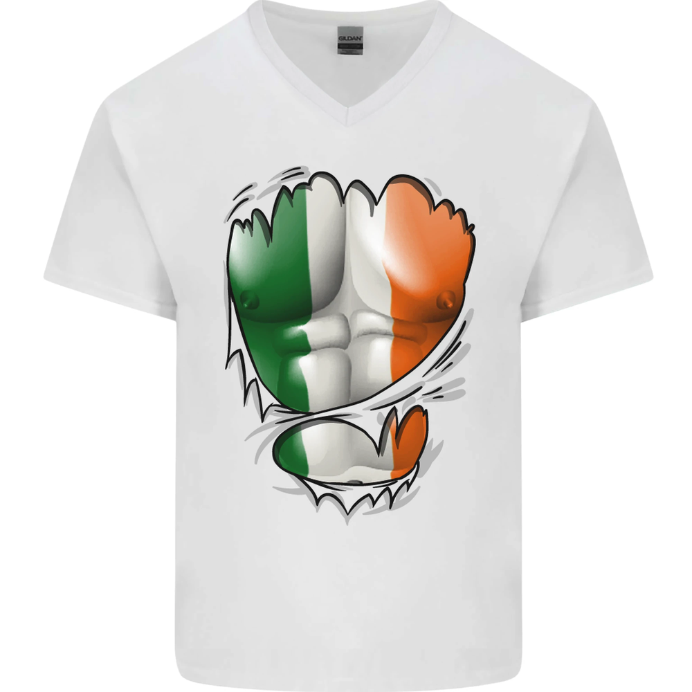 Gym Irish Tricolour Flag Muscles Ireland Mens V-Neck Cotton T-Shirt