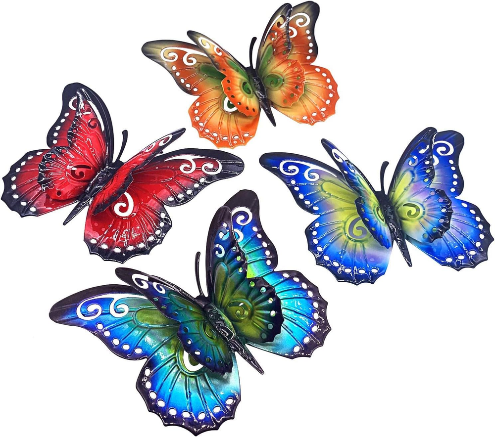 Metal Butterfly Outdoor Wall Decor- 6.5'' 3D Metal Colorful Hanging Double Wings