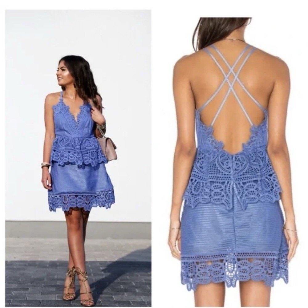 Self Portrait Guipure Lace Peplum Mini Dress Open Back 2 XS Cornflower Blue