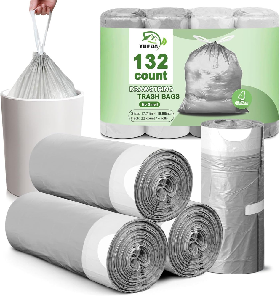 132 Count-Small Trash Bags, 4 Gallon Trash Bag Drawstring,White Trash Bags, Bath