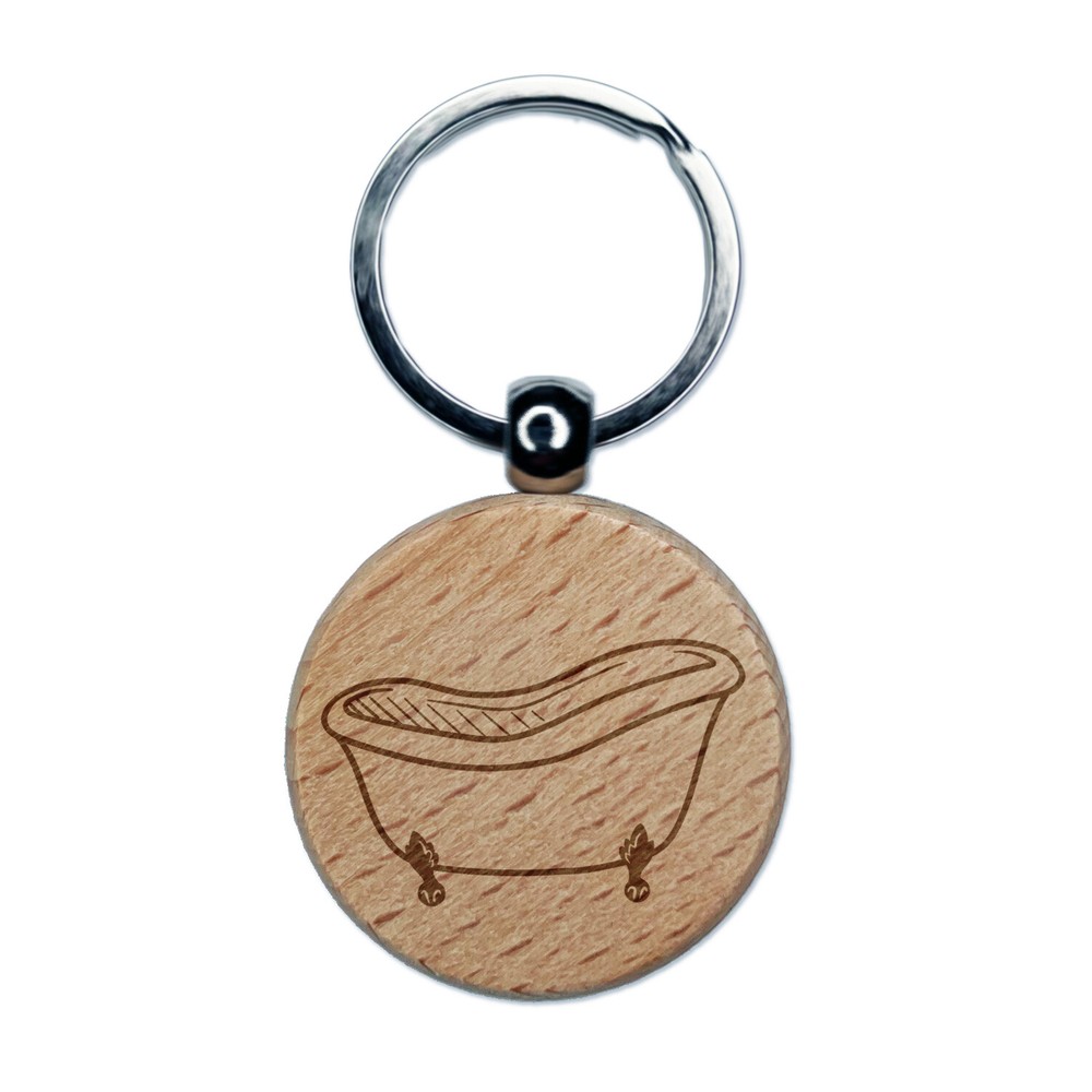 Cast Iron Bath Tub Engraved Wood Round Keychain Tag Charm