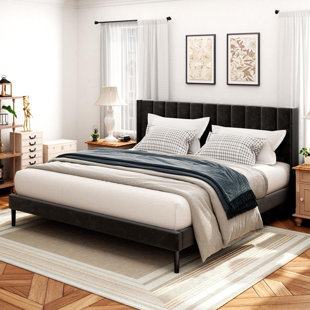 Sismplly King Size Bed Frame with Vertical Channel Tufted Wingback Headboard