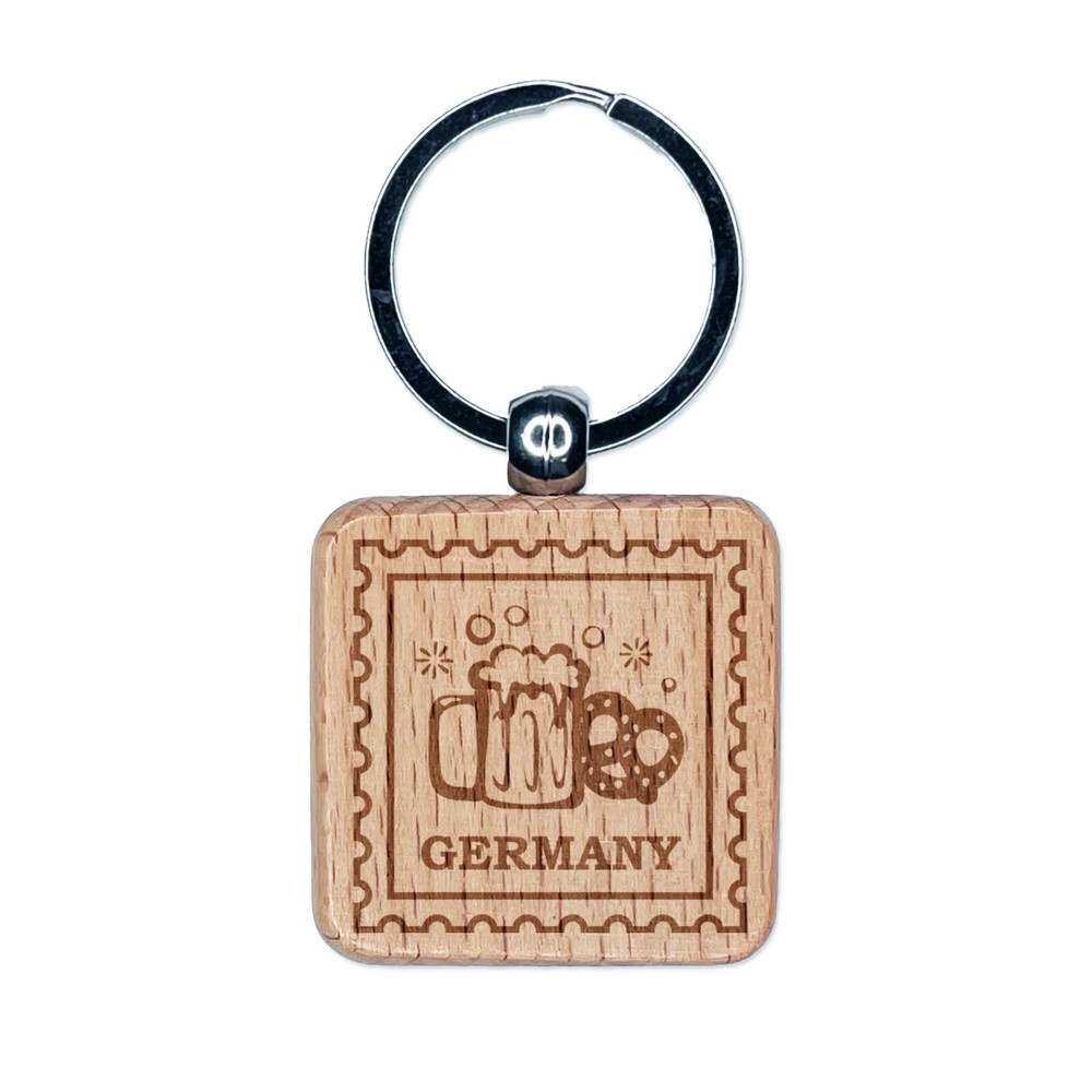 Germany Travel Beer Stein and Pretzel Engraved Wood Square Keychain Tag Charm