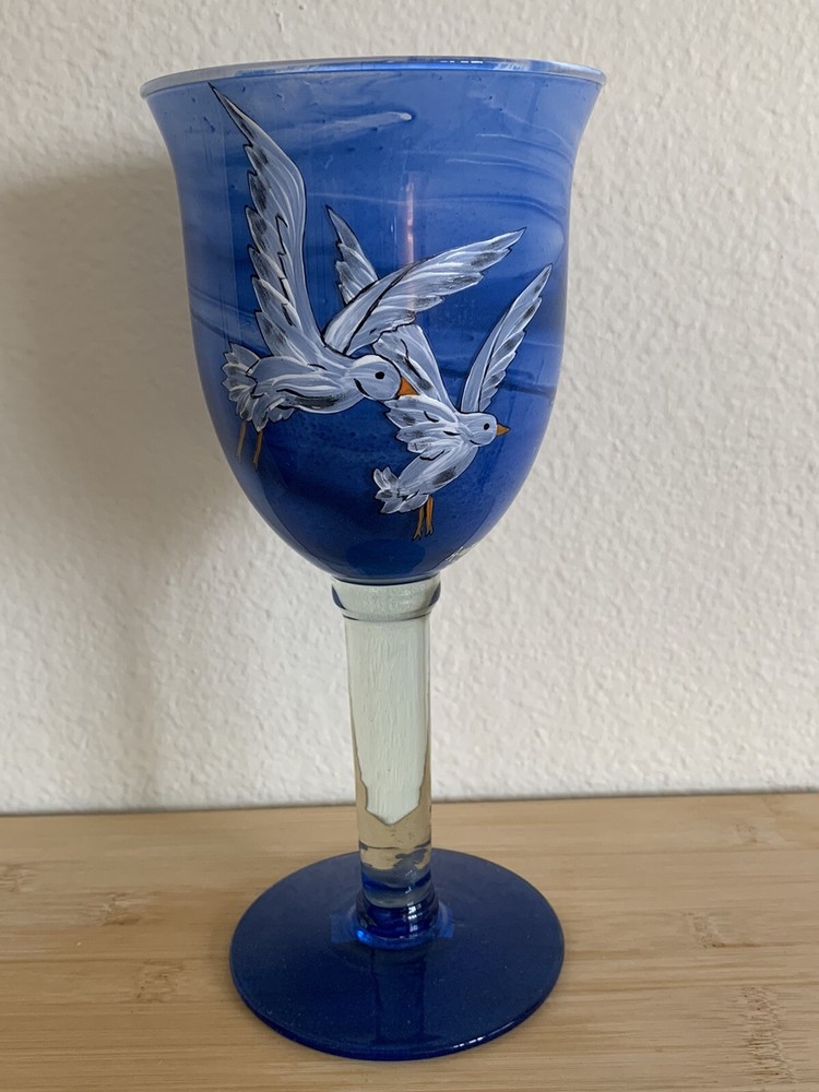 Norewegian Artist painted large glass blue w seagulls Anette Sorensen Made 2007