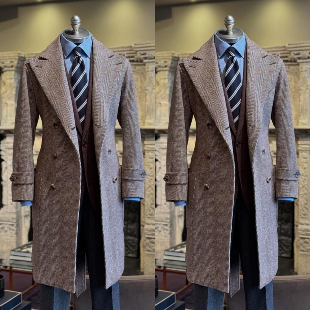 Tweed Men Long Jacket Herringbone Blazer Coat Casual Tuxedo Peak Lapel Overcoat