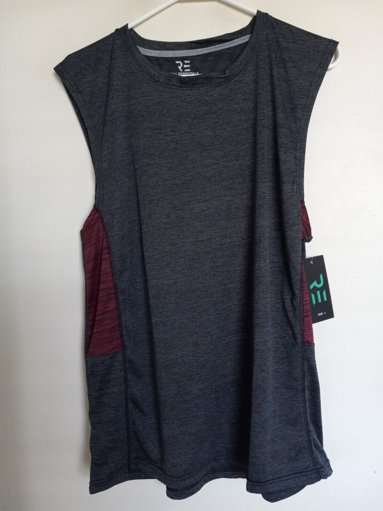 RE Brand: NEW Men's L Sleeveless Athletic Shirt, Burgundy With Dark Gray Fitted