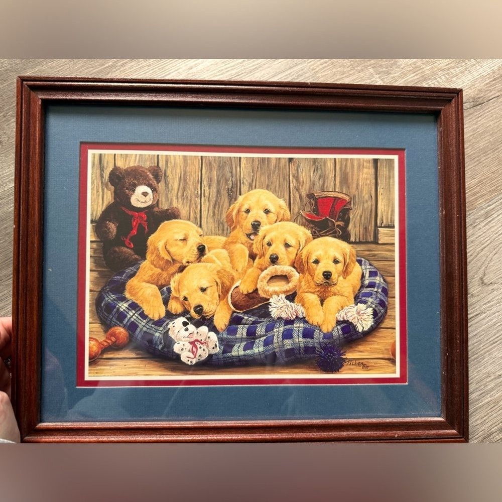 VTG 1997 Linda Picken Dog Puppy Framed Art Print Golden Retriever Teddy Bear Illustration