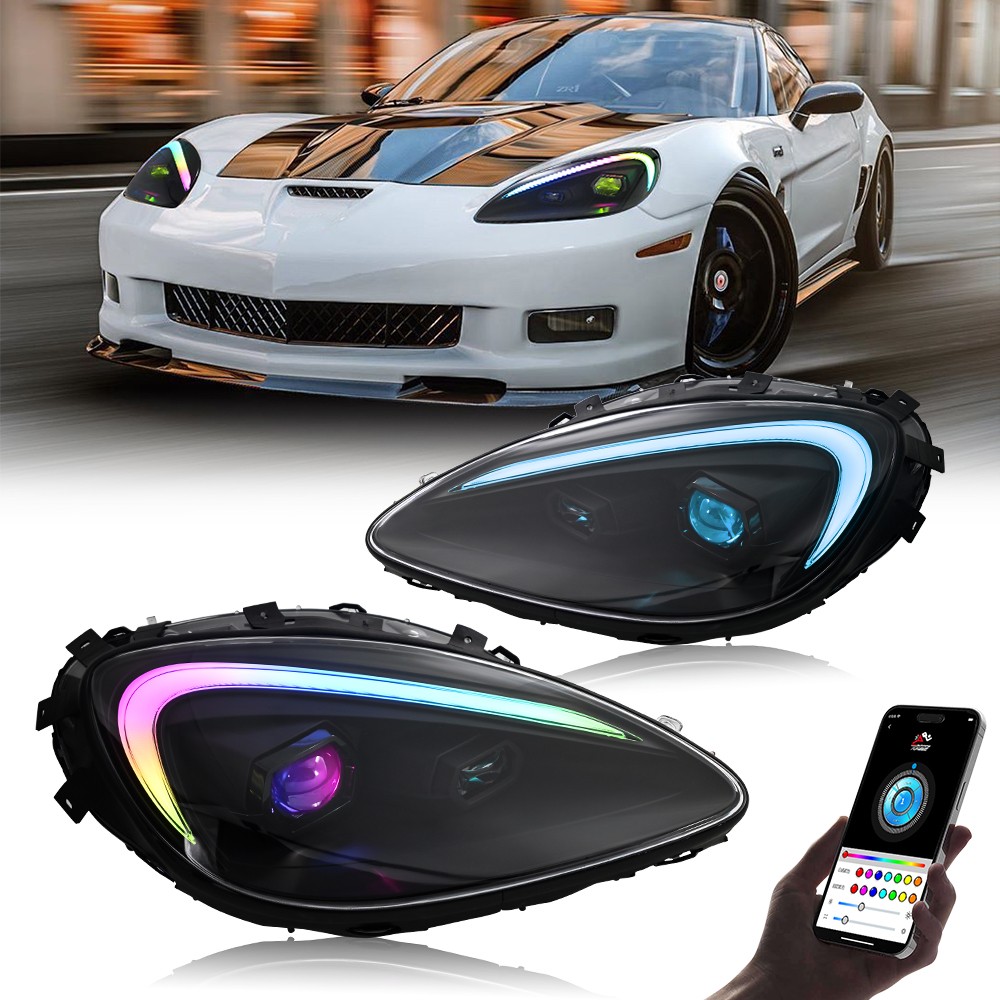 For Chevrolet Corvette C6 2005-2013 LED Headlights RGB Head Lamps Assembly Pair