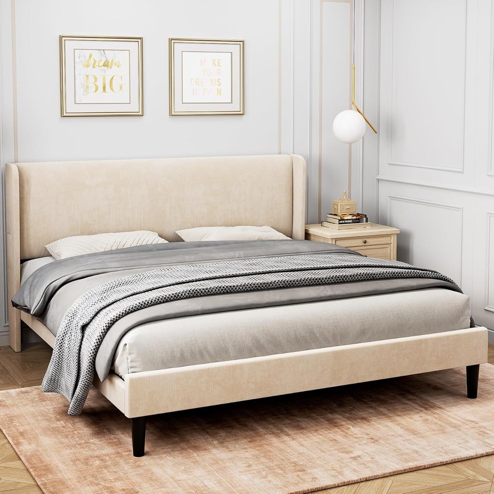 Velvet Upholstered Full Size Platform Bed Frame with Headboard-image