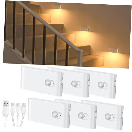 Motion Sensor Rechargeable Stair Lights 6 Pack Warm White Night Light Indoor