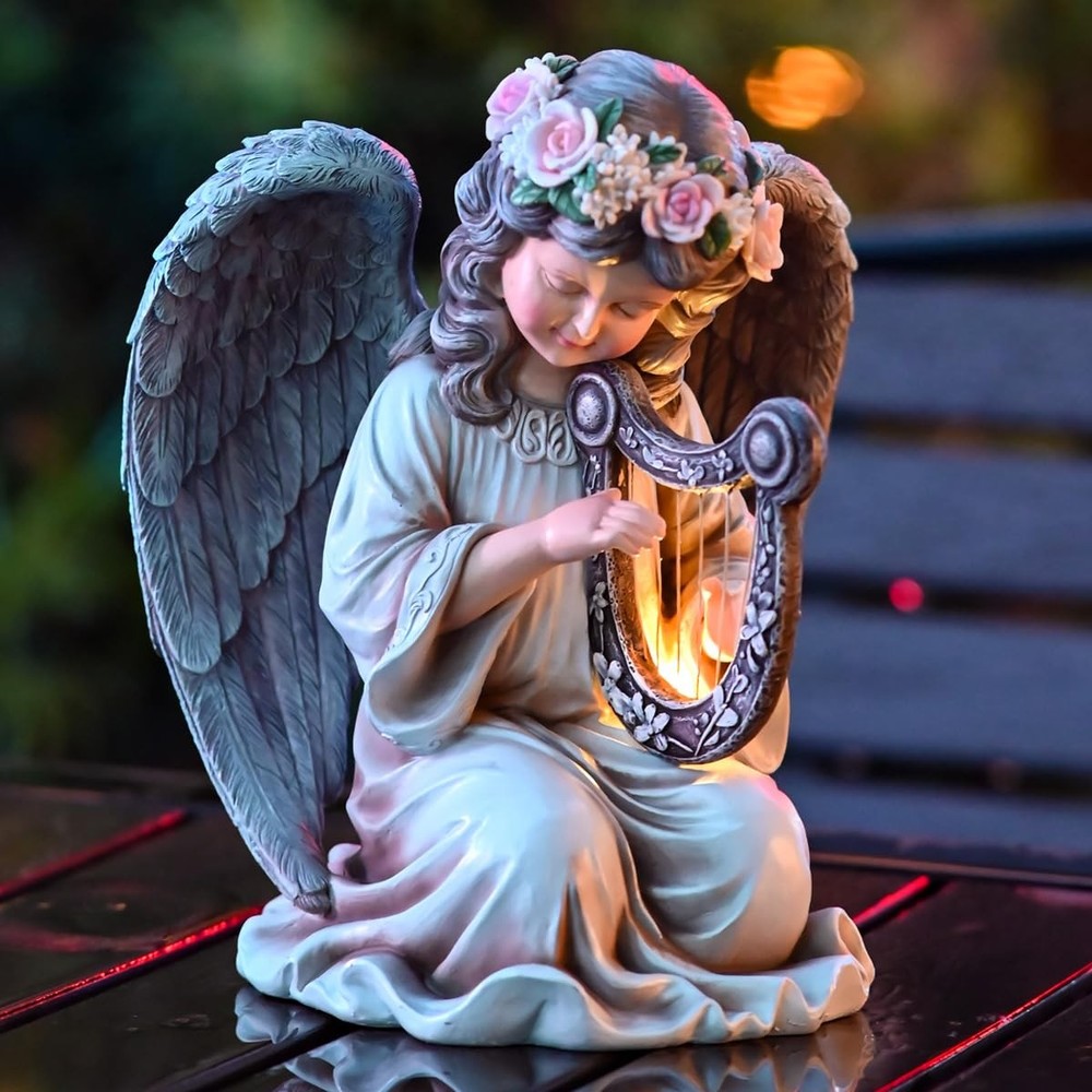 Solar-Powered Resin Angel Garden Statue with LED Lights for Outdoor Decor