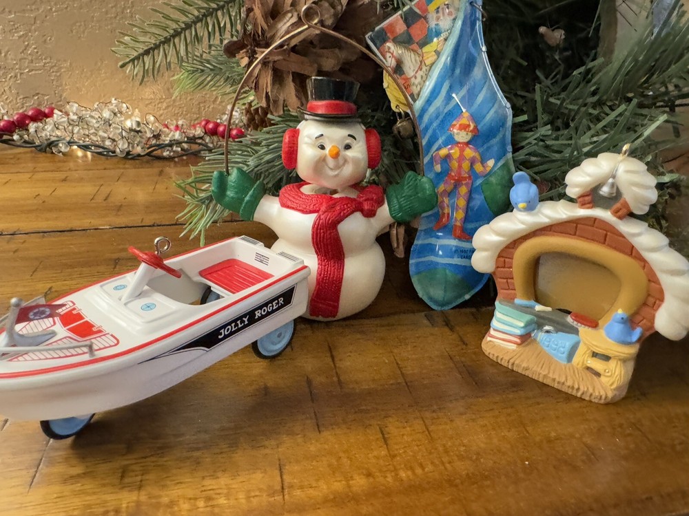 Lot of 4 Hallmark Christmas Ornaments Die Cast Kiddie Car Boat Snowman Tin Sock