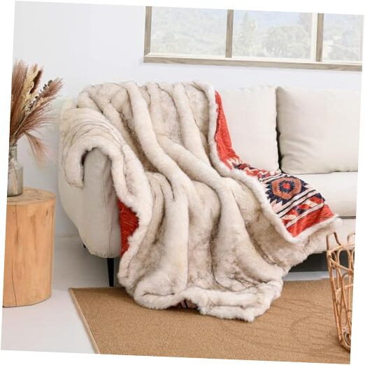 Luxury Plush Faux Fur Throw Blanket with Aztec Pattern, Super Warm, Fuzzy,