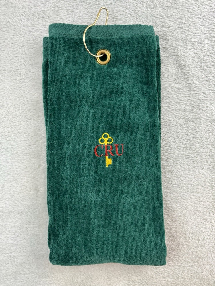 Vintage Embroidered Green CRU Golf Bag Towel Gold Key Symbol
