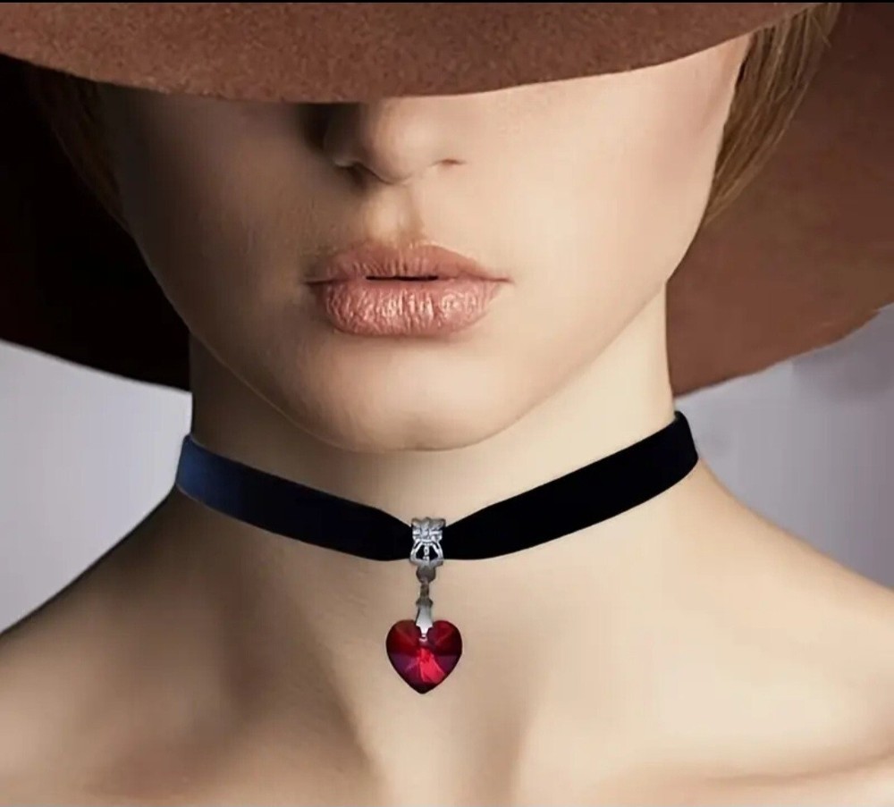 Black Velvet Choker Necklace with Diamond Cut Red Crystal Heart Pendant