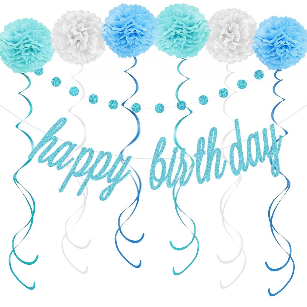 KOKAR Blue Birthday Decorations Kit with Banner and Paper Pom Poms
