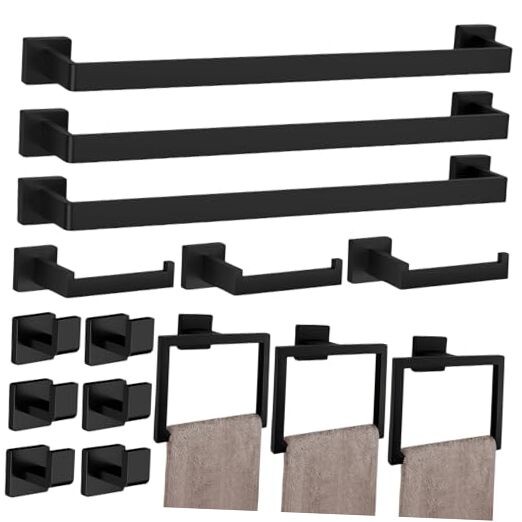 15-Piece Matte Black Bathroom Accessories Set with 23.6-Inch Towel