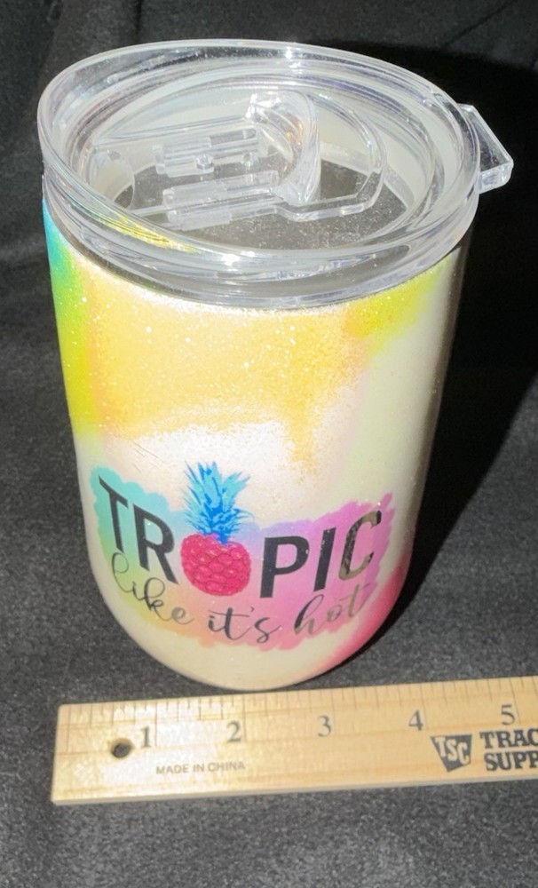 “Tropic Like it’s Hot” Insulated, Stemless Wine Tumbler Neon and Glitter