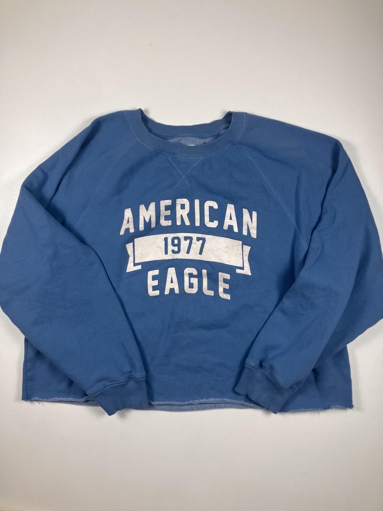 American Eagle Sweatshirt Womens XXL Blue 1977 Logo Cropped Raw Hem Pullover