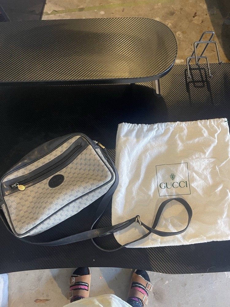 Vintage Gucci Shoulder Cross Body Bag 1980’s With Duster Authentic Gray And Navy