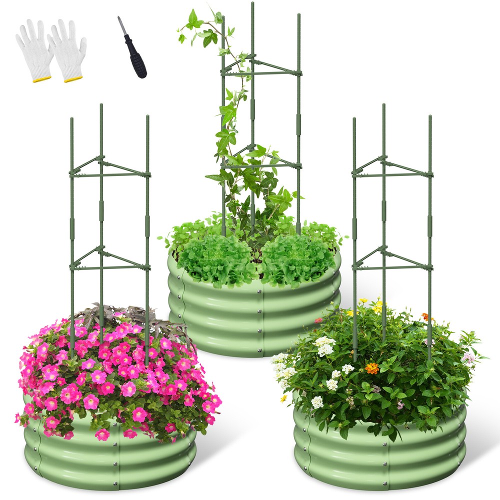 SLSY 3 Pcs 24x24x12in Galvanized Raised Garden Bed with Tomato Cages Planter Box