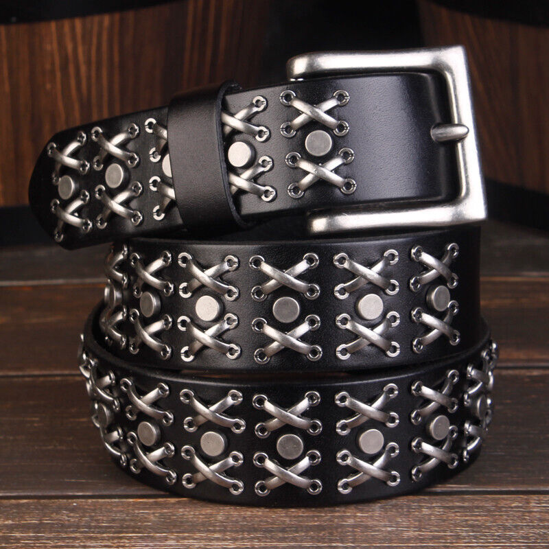 Punk Rock Mens Genuine Leather Belt with Metal Cross Rivets Hip Hop Waistband