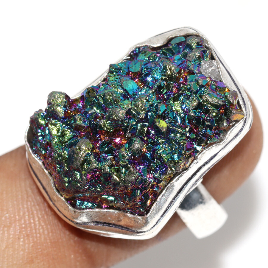 Titanium Druzy 925 Silver Plated Gemstone Ring US 9 Independence Day Gifts JW