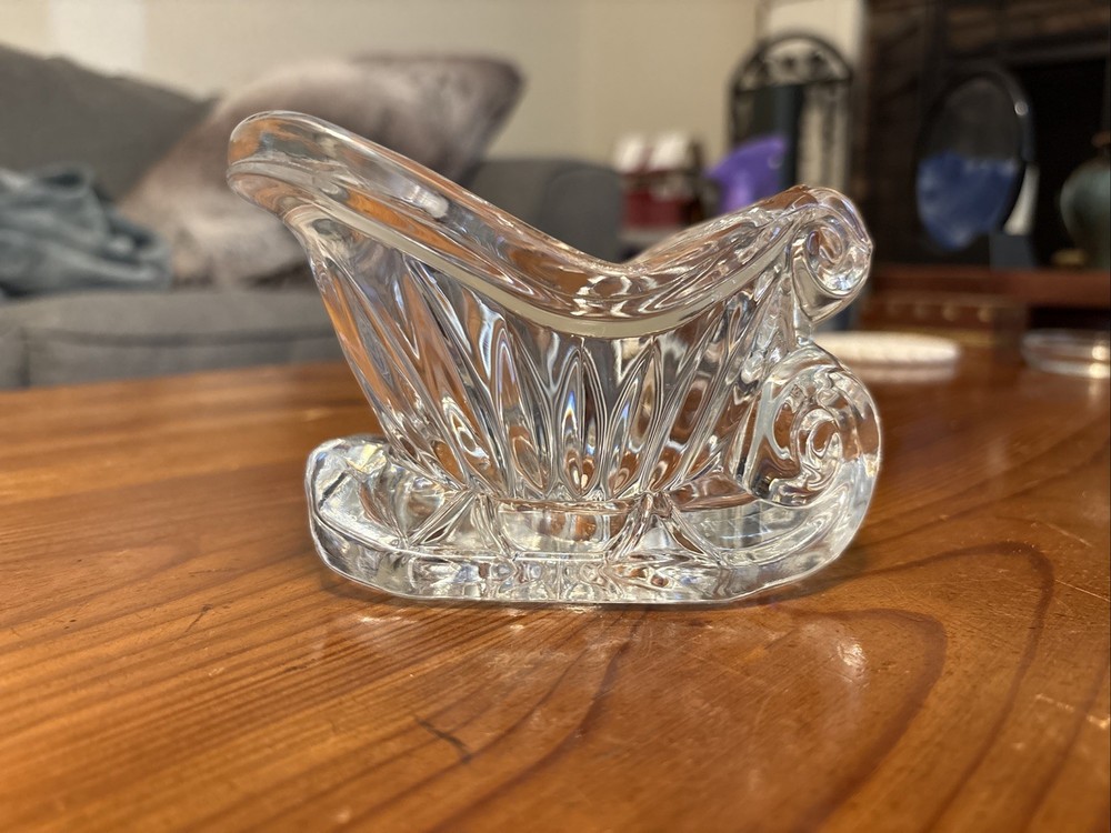Vintage Lead Crystal Glass Sleigh Sled Candle Holder Candy Dish