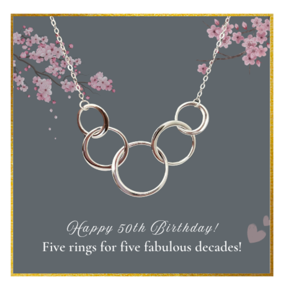 50th Birthday Necklace for Women, Sterling Silver 5 Circle Pendant in Gift Box