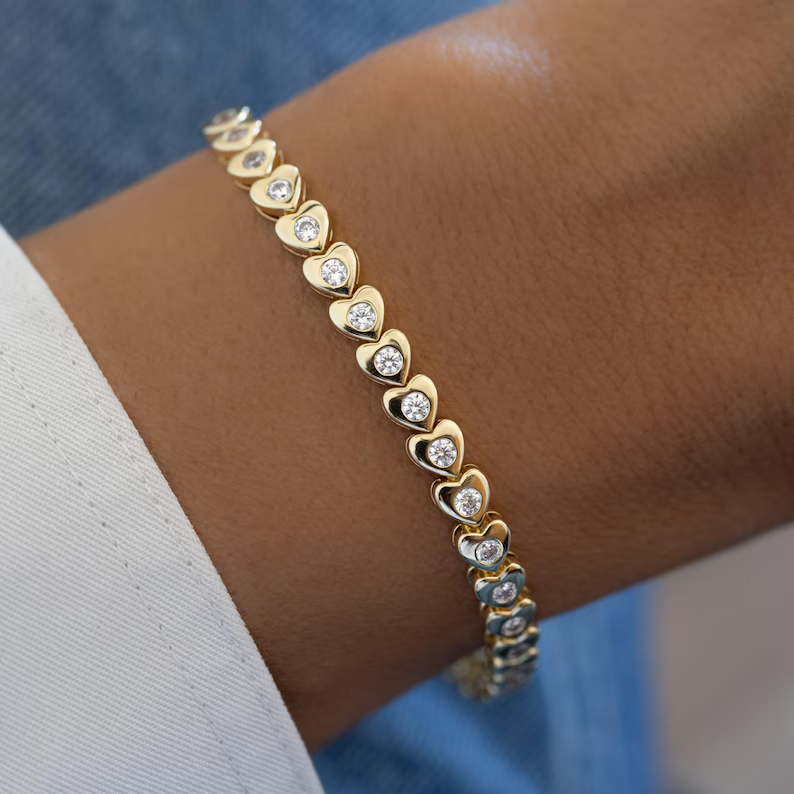 10 ct Round Simulated Diamond Heart Shape Tennis Bracelet 14k Yellow Gold Plated