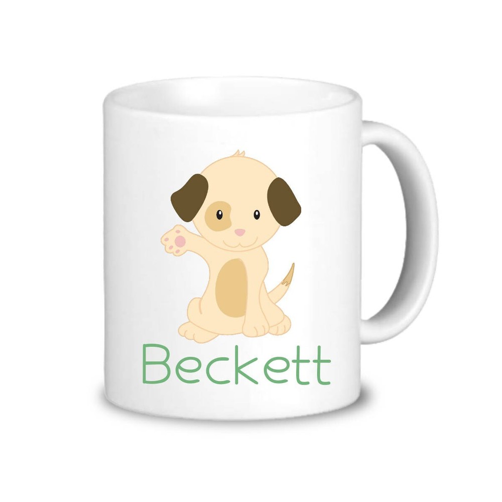 Kids Puppy Mug Green Dog Hot Drink Cup Tan Cream Brown Puppy Dog Personalized