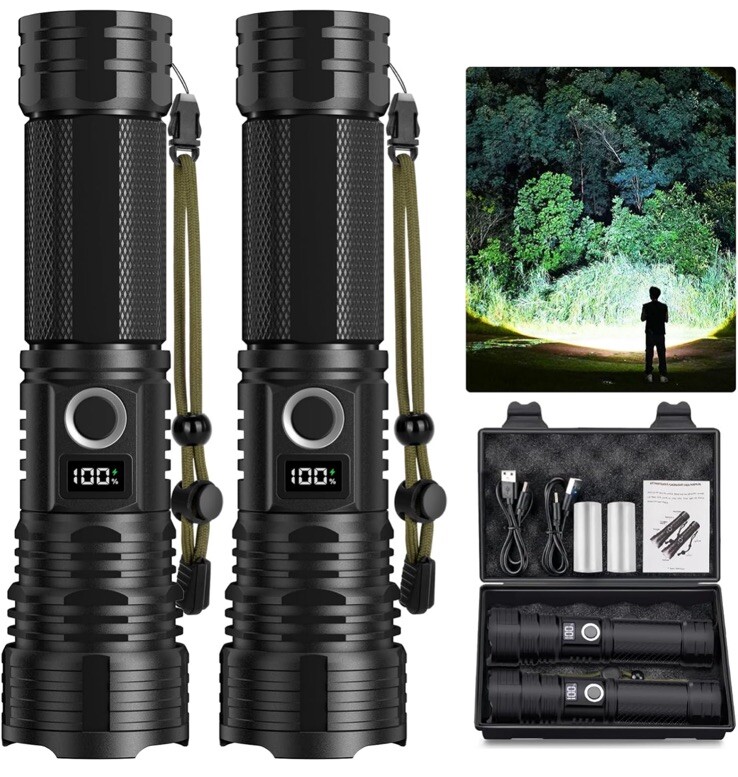 990,000 Lumens Rechargeable Flashlight 2 Pack, 5 Modes, Waterproof IPX7