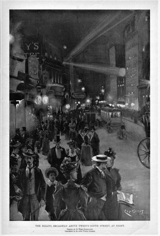 STREETCARS BICYCLES THE RAIL TO BROADWAY ABOVE TWENTY-NINTH STREET AT NIGHT