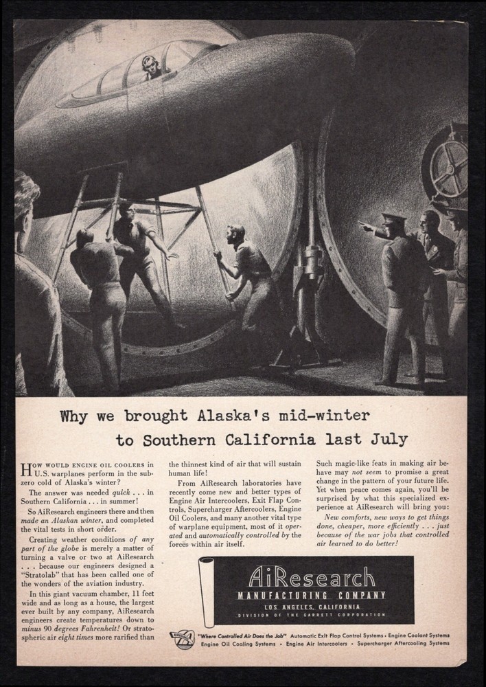 1942 AiResearch Engine Oil Cooler US Warplane Perform Alaska Winter Cal Print Ad
