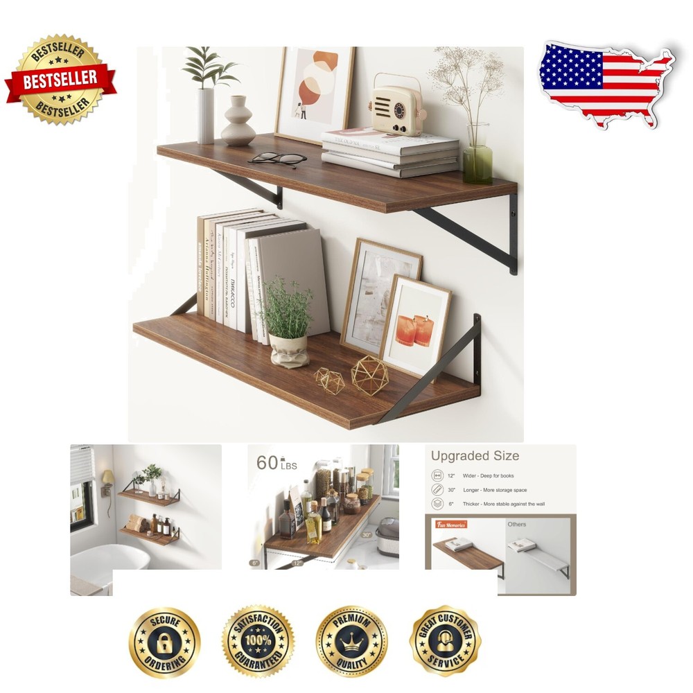 Rustic Wood Floating Shelves - 12-inch Deep Wall-Mounted Display for Home Decor