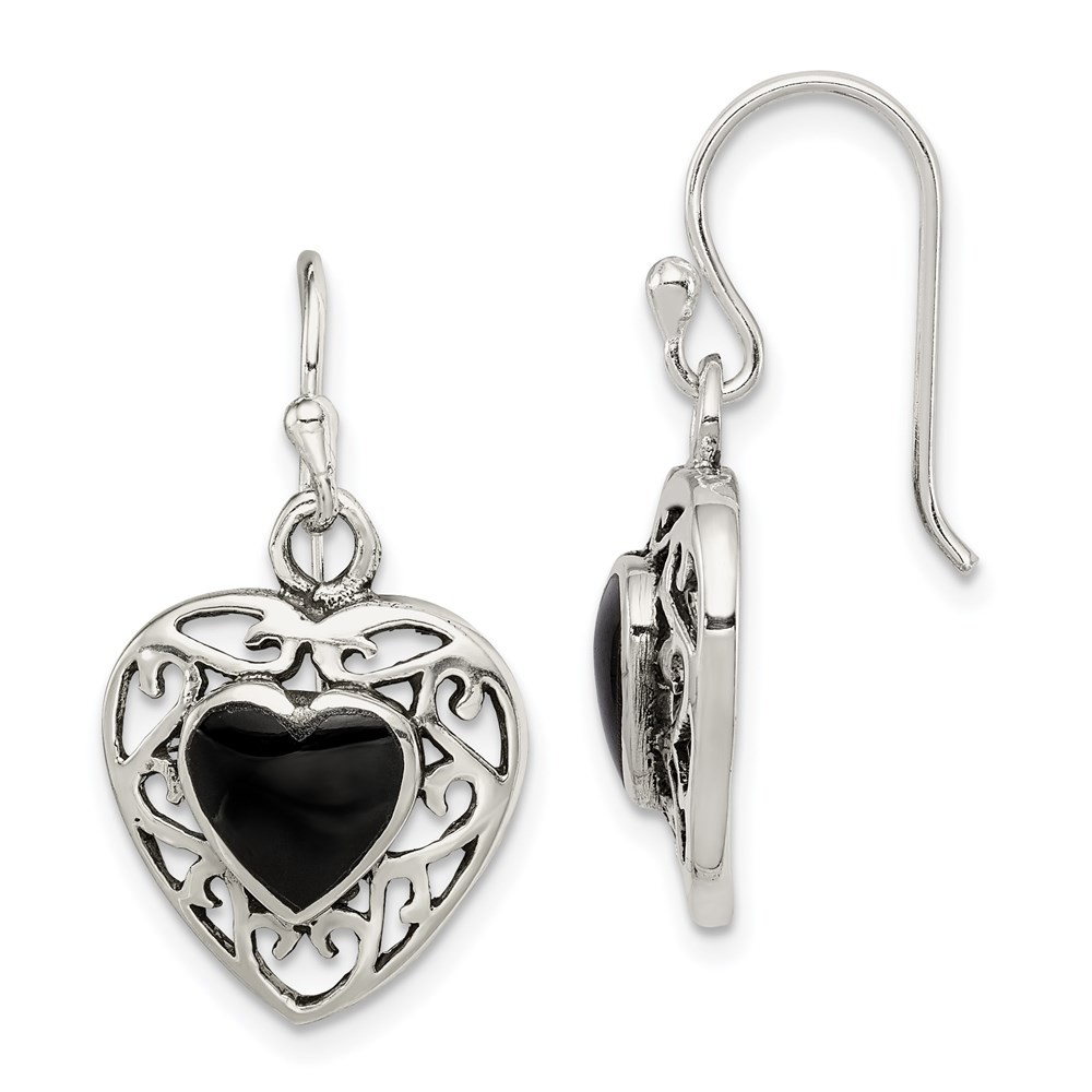 Sterling Silver Antiqued Onyx Heart Drop & Dangle Earrings 3.33gm L-27 mm