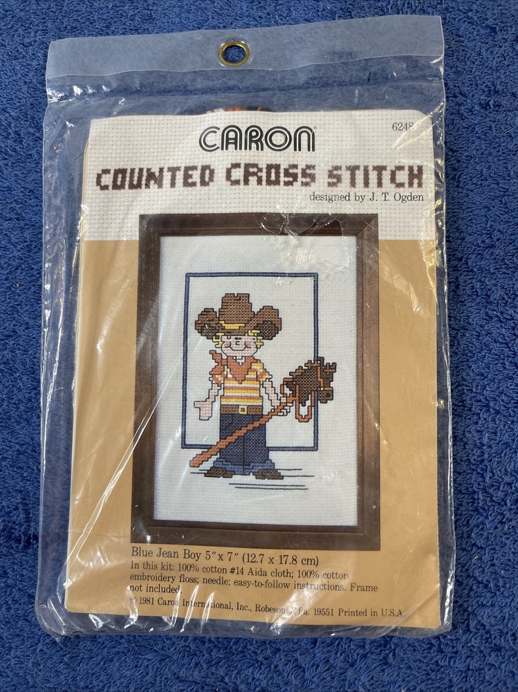 New VTG Caron Blue Jean Boy Cross Stitch Kit 5