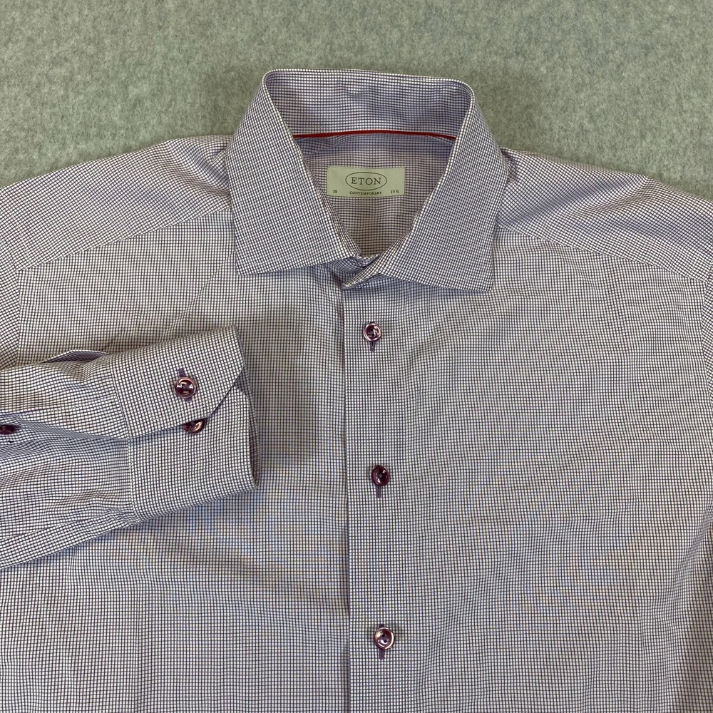 ETON Shirt Men's 15.5-39 Purple Check Long Sleeve Classic Contemporary Button Up