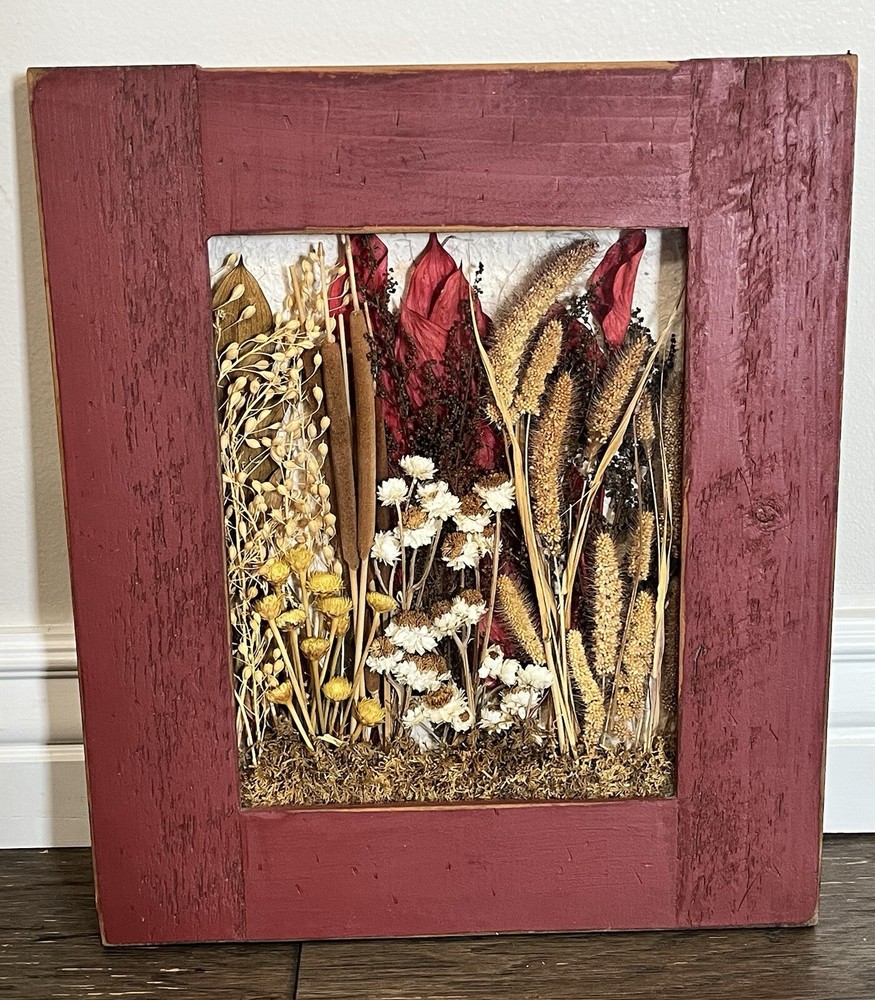 Vintage Red Wood Framed Behind Glass Dried Flower Arrangement 14.5”x12.5”
