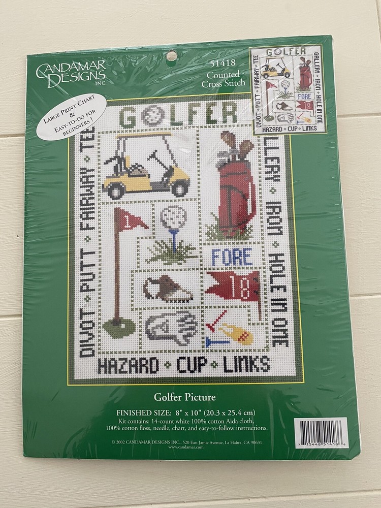 Candamar Designs Golfer Picture Counted Cross Stitch Kit #51418 Vintage 2002 NEW