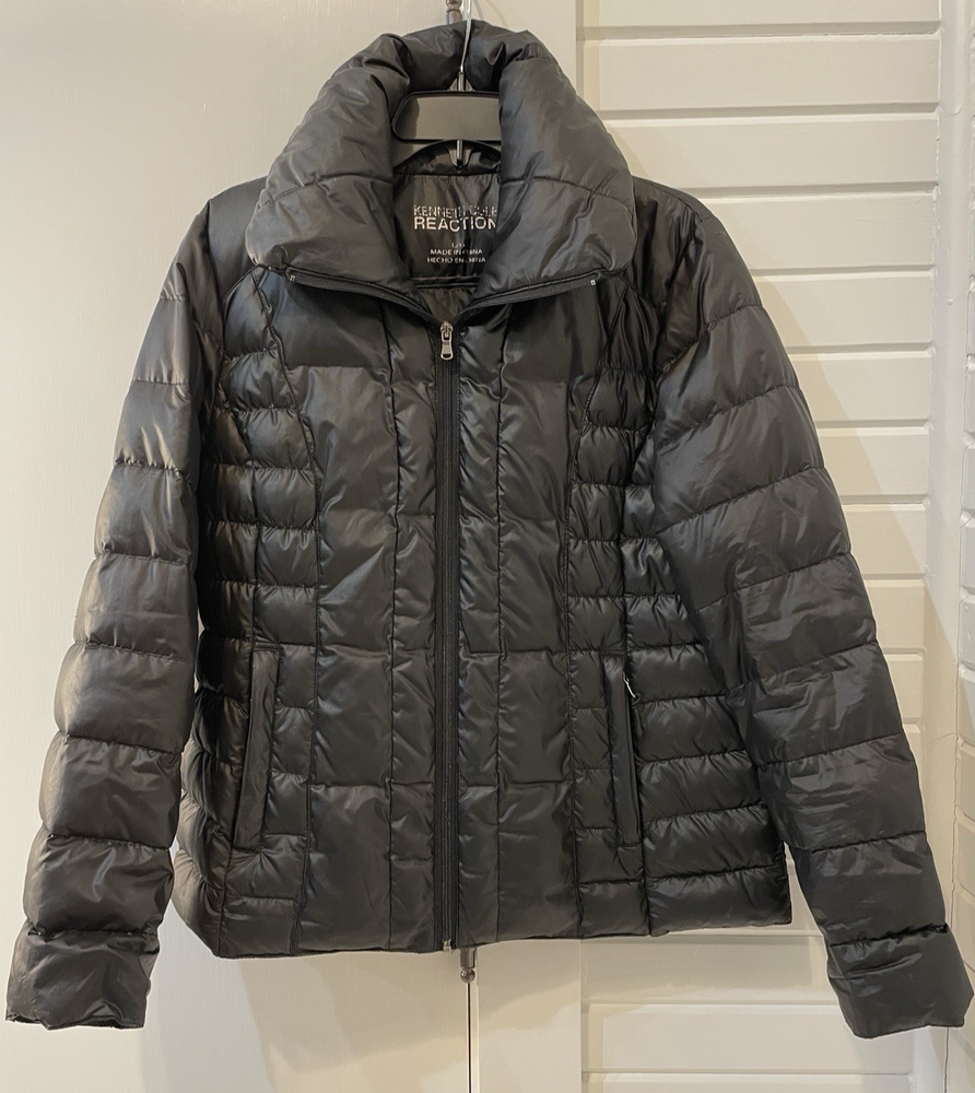 Kenneth Cole Reaction Womens L Black Quilted Puffer Jacket Down Filled Full Zip-image