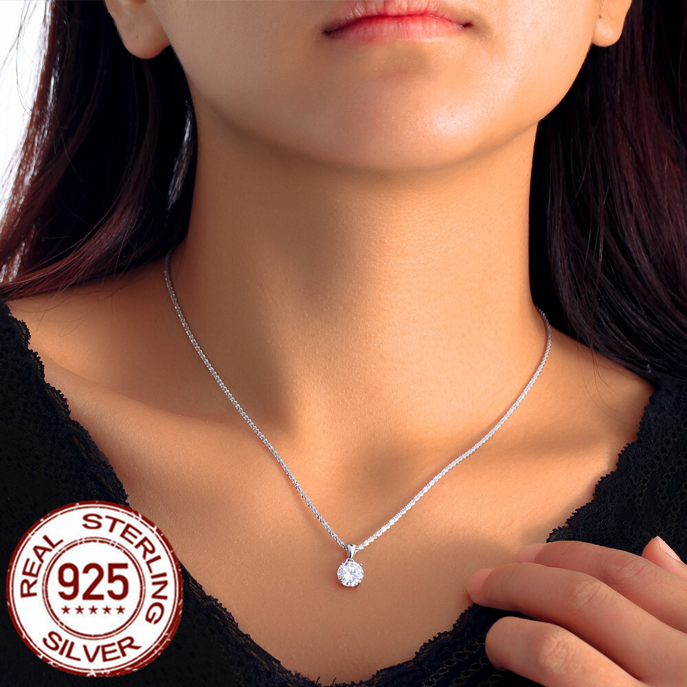 8mm Cubic Zirconia Sterling Silver Shiny Pendant Necklace