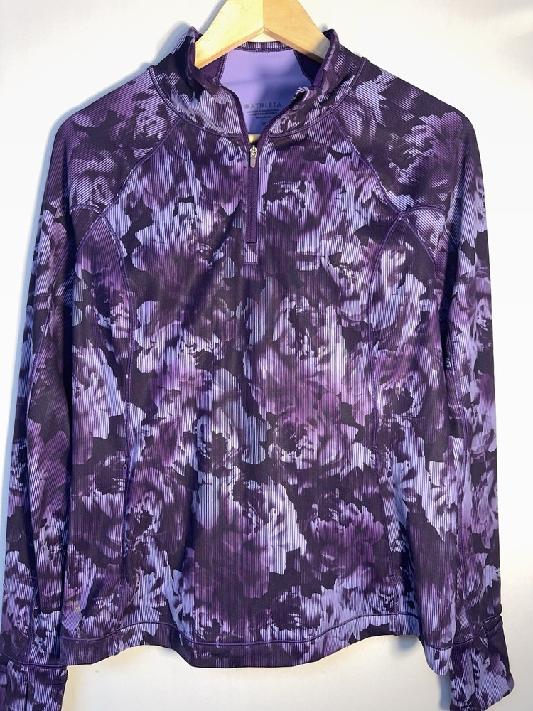 Athleta Rainier Half Zip Print Pullover Purple Floral Thumbhole Running M