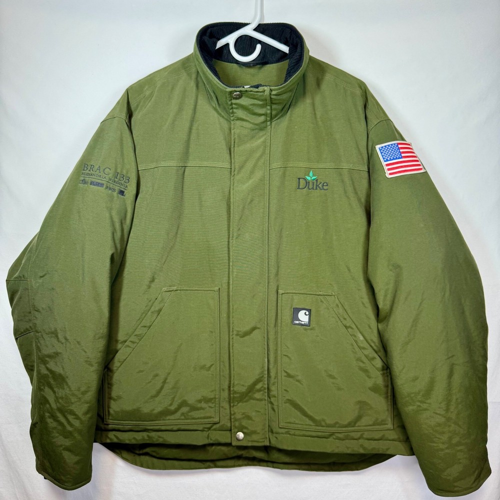 Carhartt Work Jacket J174 PGN Insulated USA Flag Duke Logo Olive Green Sz Large