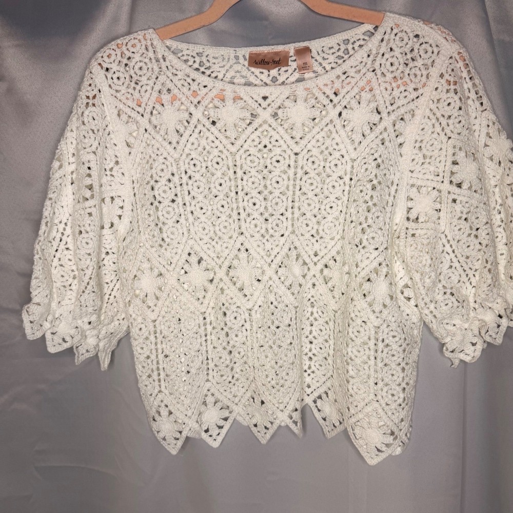 Willow & Root Womens White Cotton Crochet Floral Lace Boho Top Short Sleeve M