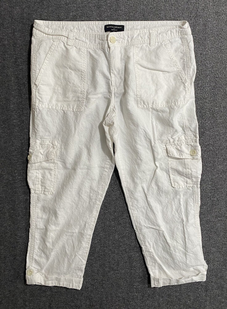 Banana Republic Martin Fit Cropped Pants Women's  Linen Blend Roll Cuff Size 12