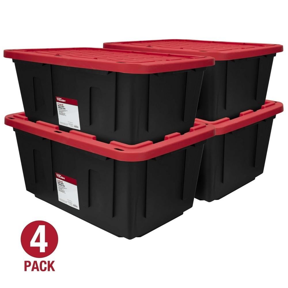 4 Pack 27-Gallon Stackable Black Red Storage Bins with Snap Lids