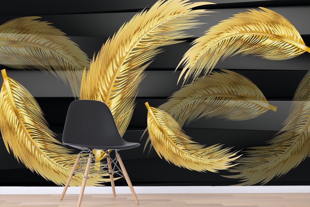 3D Gold Feather Wall Murals Wallpaper Murals Wall Sticker